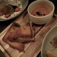 camembert pesto grilled cheese and tomato soup, red and yellow beets (in back) at Charlie Was a Sinner in Philadelphia