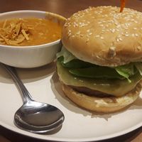 Beyond Meat burger with tortilla soup, yesssss indeed! at Veggie Grill in Mountain View