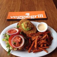 This is their Santa Fe Chickin Burger and the sweet potato fries.
It was amazingly delicious! Their chipotle ranch sauce is to die for. at Veggie Grill in Mountain View
