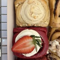 White chocolate macadamia & red velvet cinnamon rolls  at Cinnamood in Prague