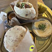 From Pitabar Benny: pita falafel (very good!) and baba ghanoush (better and milder than the supermarket version). The pitas have a great texture and flavour. at Foodhall MOUT in Hilversum