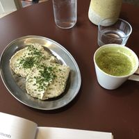 Gf and vegan toast with cream cheese and chives / soy matcha latte  at Opus Coffee Brewers in Wollongong