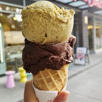 Pistachio and Turtle on a GF Waffle Cone at Life Is Sweet Confections in North Vancouver