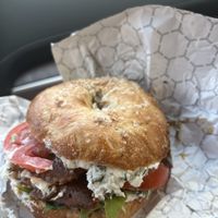 salt bagel with vegan bacon and vegan herb cream cheese  at Julio's Bagels in Richmond