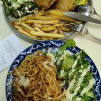 Fish and chips and chilli carb pasta at Vegetarian Kitchen by Daily Green® - 吉祥素小厨 in North Singapore