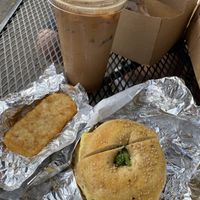 vegan breakfast sandwich and oat milk iced latte at Ithaca Bakery - Meadow St in Ithaca