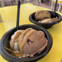 Plant based Vanilla and Chocolate ice cream with peanut butter sauce  at Plaza Ice Cream Parlor in Florida