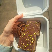 Brownie roll (filled with similar crispy ganache stuff like in their bueno bars...amazing) and pistachio brownie at Considerit in Edinburgh