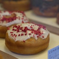 White chocolate and raspberry doughnut at Considerit, Edinburgh at Considerit in Edinburgh
