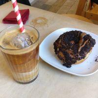 Oreo doughnut and iced almond milk latte at Considerit in Edinburgh