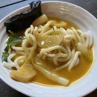 Ramen with squash miso broth (udon noodles)  at Harvest Community Foods in Vancouver