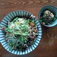 soba with tiny salad-appetizer at Harvest Community Foods in Vancouver