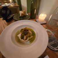 White wine braised leek, basil oil, white bean hummus at Soots  in Manchester