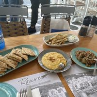 Zucchini fries, split pea dip and eggplant salad   at Rouvera  in Mykonos