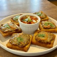 Minced “meat” on toast with a sweet saucee  at Mello in Bangkok