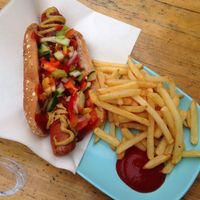 hot dog with fries  at Astrid och Aporna - Astrid og Aberne in Copenhagen