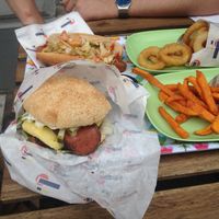 Burger with Gary and Bacon, hotdog, onion rings, and sweet potato fries! at Astrid och Aporna - Astrid og Aberne in Copenhagen