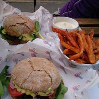 burgers, sweet potato fries and mayo at Astrid och Aporna - Astrid og Aberne in Copenhagen