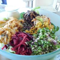 Salad Bowl with Tabouleh, Pad Thai, Curry Cashews,  Kimchee and Orange Miso Dressing. at The Seeds of Life in Ubud