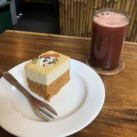 Raw carrot cake and watermelon juice  at The Seeds of Life in Ubud