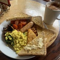 Hearty vegan breakfast and oat milk chai latte  at Cherry Reds Cafe and Bar in Birmingham
