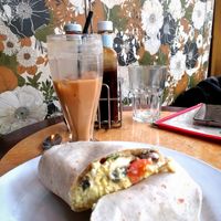 Breakfast wrap and iced latte at Cherry Reds Cafe and Bar in Birmingham