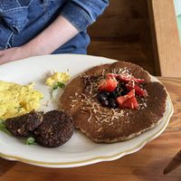 Pancake with just egg and sausage pattyies  at Kitchen Mouse in Los Angeles