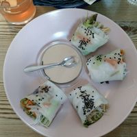 Japanese spring rolls with an amazing peanut sauce. at Zoe Food in Gran Canaria