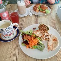 matcha latte, wrap, bagel and an iced cooffe at Zoe Food in Gran Canaria