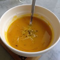 Menu of the day / 1st course / Pumpking soup at Zoe Food in Gran Canaria