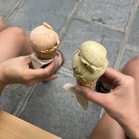Orange rhubarb (left) pistachio praline (right)  at Isotope in île-de-france