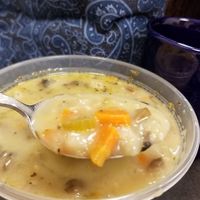 Filling Vegan Mushroom Barley Soup.  The owner changed five of the soups to be vegan for us! at Spread N Buns Craft Soups & Sandwiches in Decatur