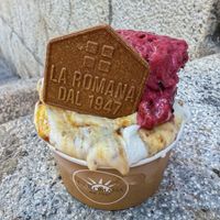 Caramelised fig with sesame praline and cherry stracciatella  at Gelateria La Romana in Illes Balears