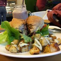 Burger and smoothie (sorry I've already cut the burger in half haha)  at Ooh Cha Cha - Zhongzheng District in Taipei