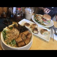 teriyaki spring roll, veggie burger and spinach/cheese stuffed bread at Quan Long Hoa in Westminster