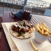 Cauliflower wings flat bread with chips   at Penhelig Arms in Wales
