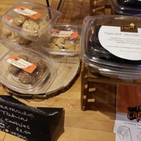 All the homemade cakes are now vegan (using soya milk) - tahini cookies, and choc brownies at The Cheeky Pea in Kingston Upon Thames