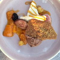Chocolate mousse with vanilla parfait and fruit at Hafner Wirtshaus in Neuschoenau