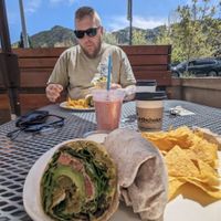 Falafel wrap, latte, and pretty in pink smoothie at Spring Cafe in Aspen