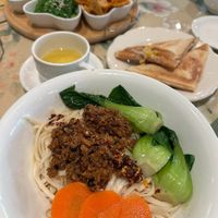 The dry noodles with veggies and soy protein, can be done spicy or non at Water Drop Teahouse in Stafford