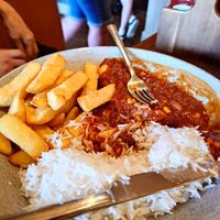 Spicy bean chilli half and half at Yew Tree in England