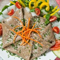 A salty pancake ( unfortunately not vegan) always with lots of fresh vegetables. at Nostalgia in Dolny Kubin