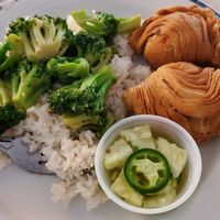 Broccoli with garlic and curry puffs at Thai Aroma in Ellicott City