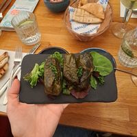 Dolmades served on leaves instead of yoghurt (must specify vegan) at Halloumi Glasgow in Scotland