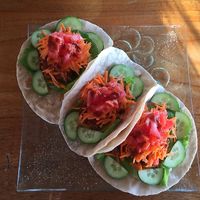 Vegan corn tortillas with textured vegetables protein  at Leaf Eaters Cafe in Bocas Del Toro