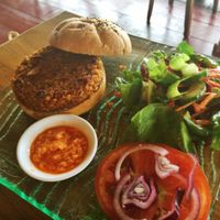 veggie burger (vegan) at Leaf Eaters Cafe in Bocas Del Toro