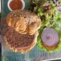 Yummy burger  at Leaf Eaters Cafe in Bocas Del Toro
