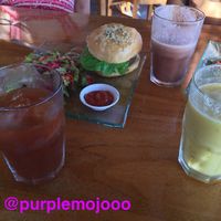 Juices and vegan burger  at Leaf Eaters Cafe in Bocas Del Toro