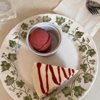 cheesecake with strawberry sorbet  at Chat-Rivari Café in Paris