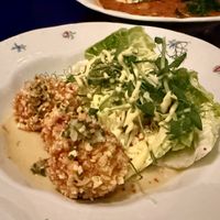 Fried mushrooms with lettuce and hummus  at Marumba in Budapest